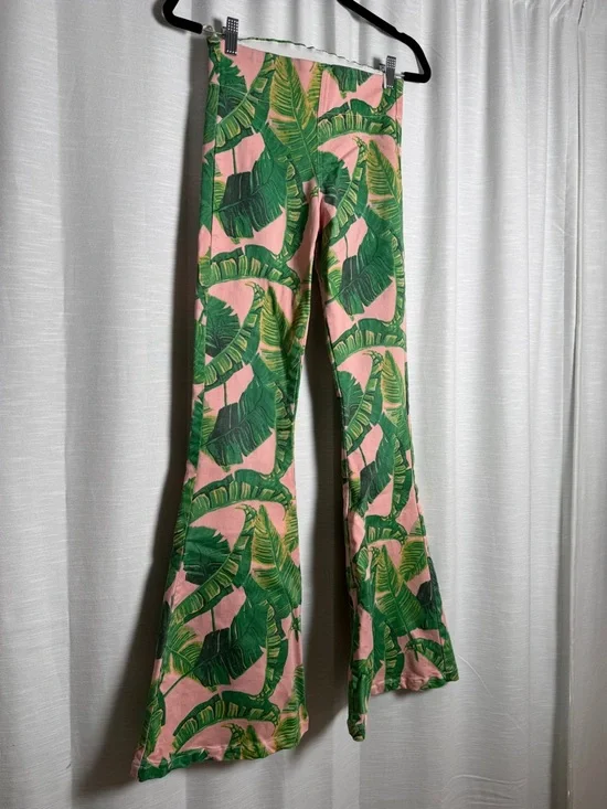 Judith March Palm Flare Pants Pink Green Tropical High Waist Bell Bottom Size S - Picture 6 of 14
